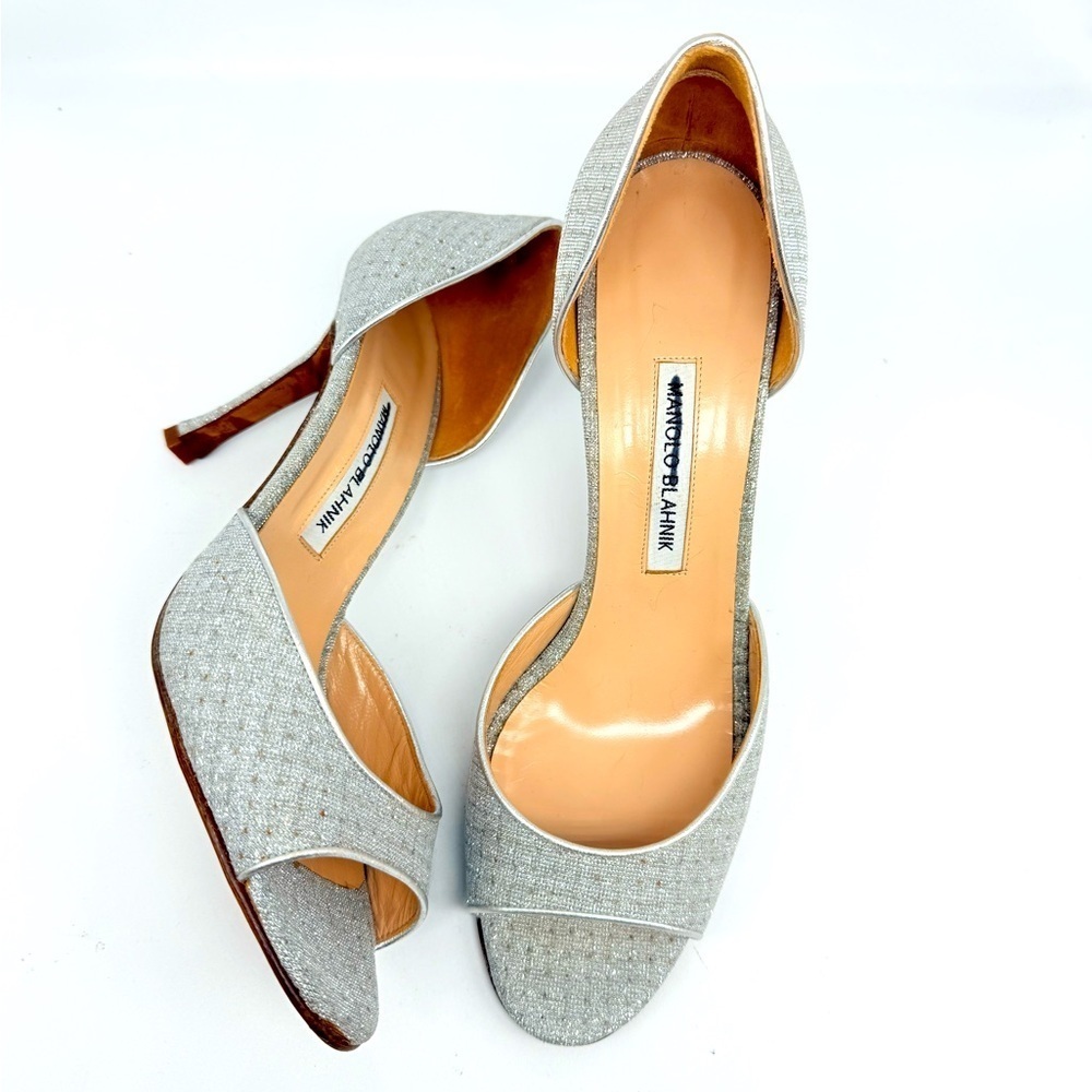 Manolo Blahnik Vintage Metallic Silver plaid Open toe D’orsay pumps EU 41.5